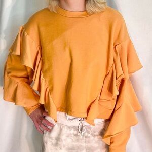 Zara Large Casual Comfy Ruffled Cropped Orange Mineral Washed Sweatshirt
